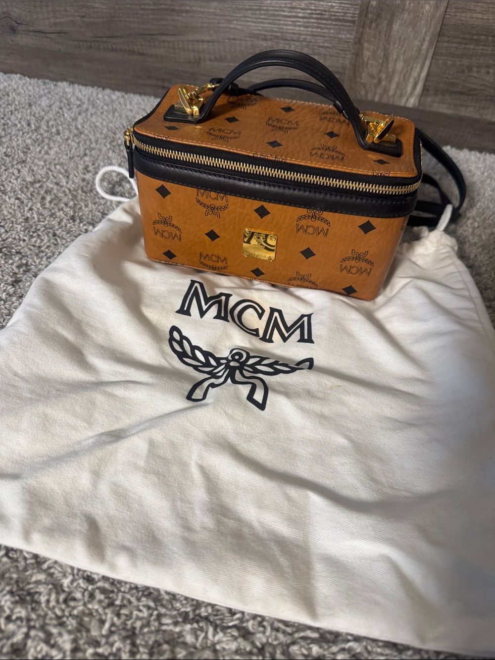 MCM Cognac Visetos Vanity Case with Black Trim and Gold Hardware